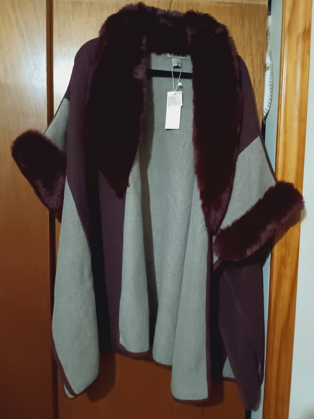 Max Studio Two-Tone Cape with Faux Fur Trim in Plum and Gray